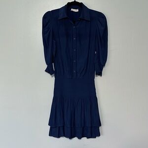 Ramy Brook Royce Mini Dress in Navy Popover Shirt Dress Ruffled Skirt
